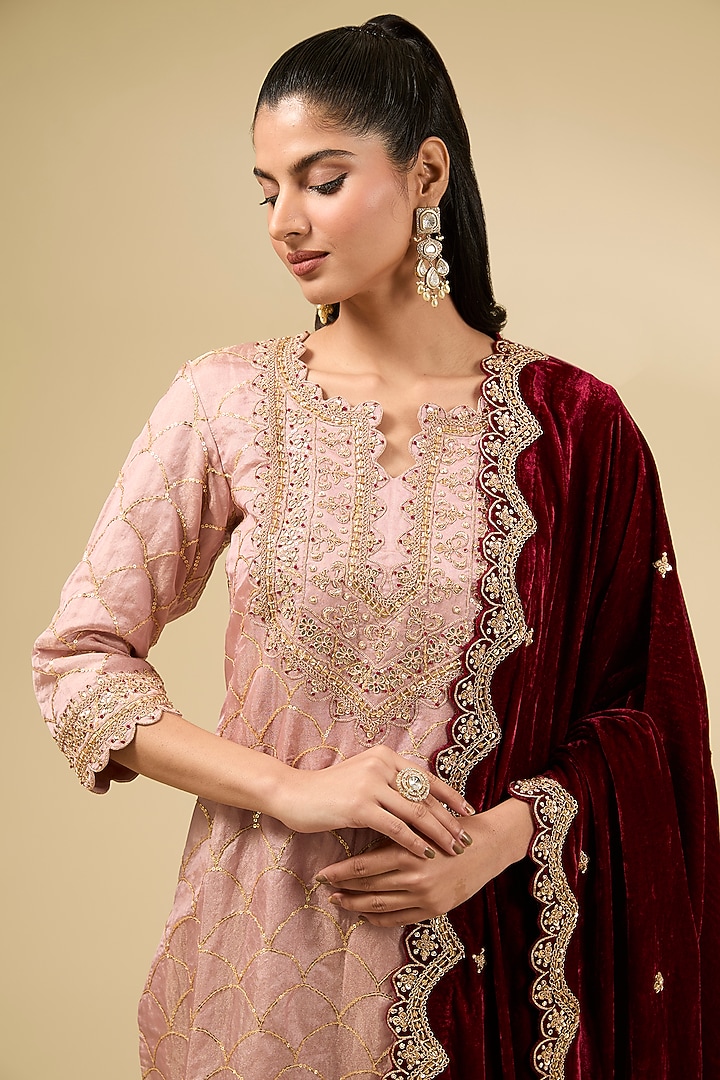 Maroon Pink Pure Tissue Sequins Work Kurta Set by SURBHI SHAH at Pernia's Pop Up Shop
