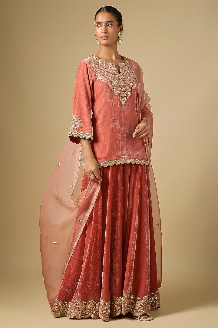 Old Rose Blue Velvet Pearl Work Bridal Sharara Set by SURBHI SHAH at Pernia's Pop Up Shop