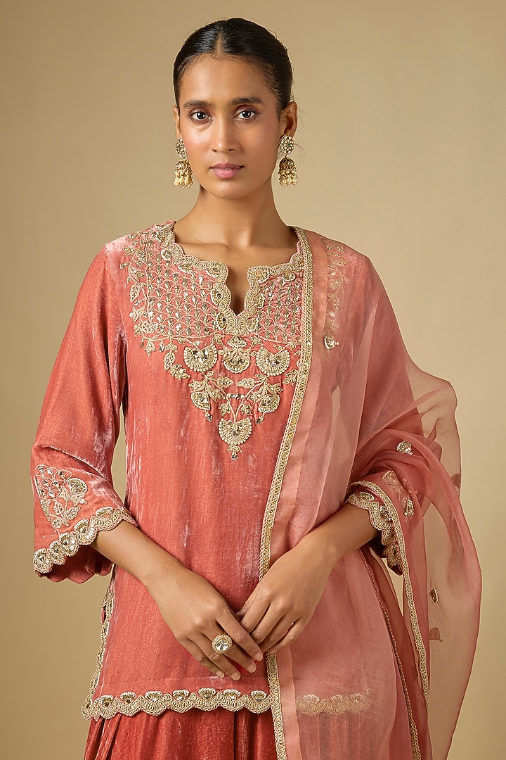 Old Rose Blue Velvet Pearl Work Bridal Sharara Set by SURBHI SHAH at Pernia's Pop Up Shop