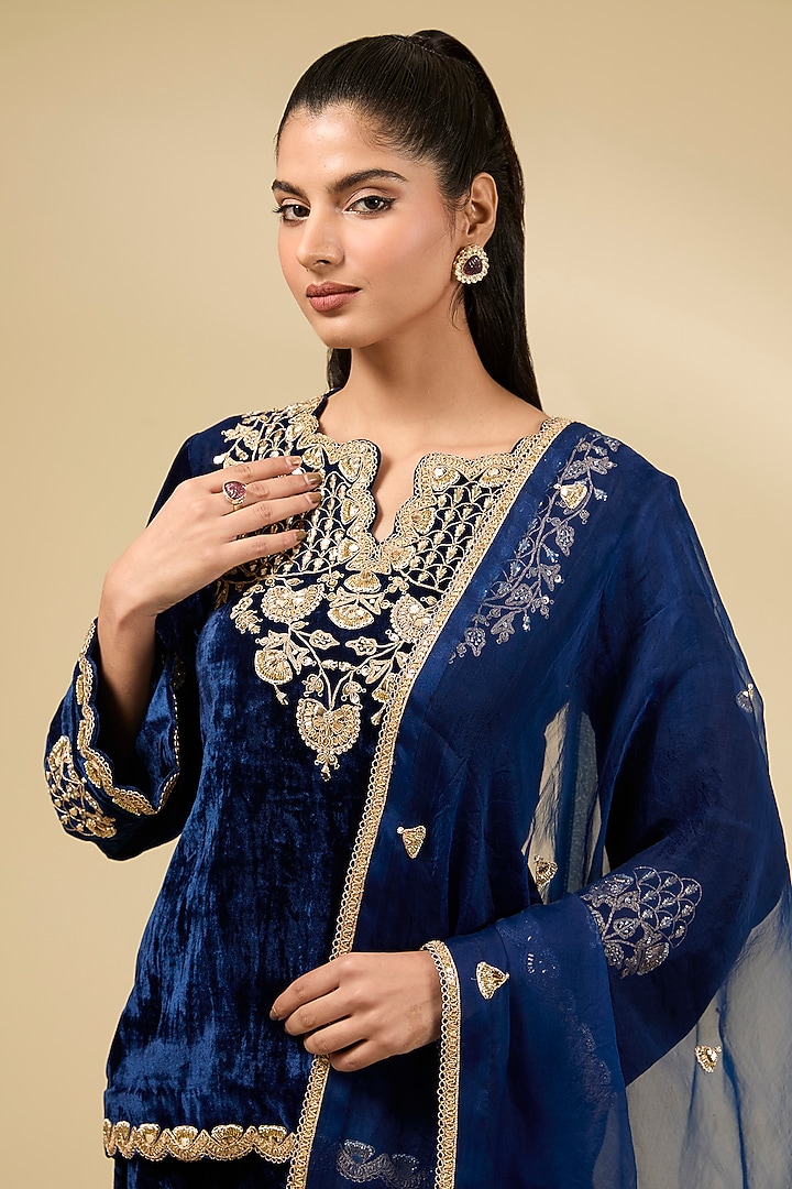 Navy Blue Velvet Bridal Sharara Set by SURBHI SHAH at Pernia's Pop Up Shop