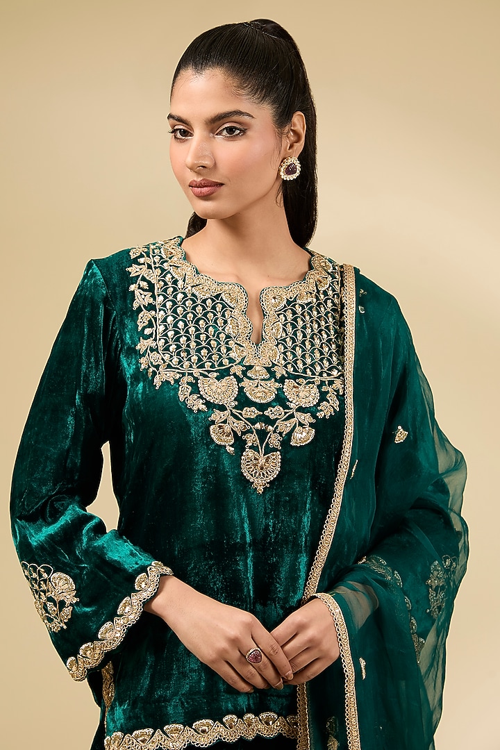 Emerald Green Velvet Bridal Sharara Set by SURBHI SHAH at Pernia's Pop Up Shop