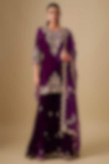 Magenta Velvet Sequin Embroidered Wedding Sharara Set by SURBHI SHAH at Pernia's Pop Up Shop