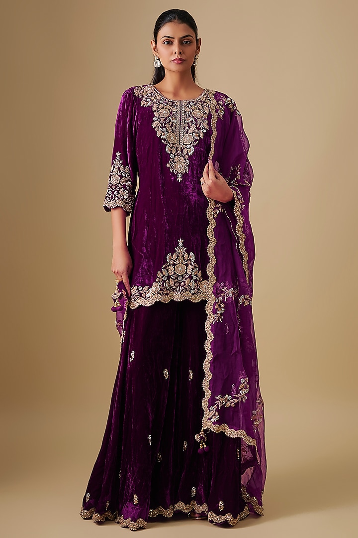 Magenta Velvet Sequin Embroidered Wedding Sharara Set by SURBHI SHAH at Pernia's Pop Up Shop