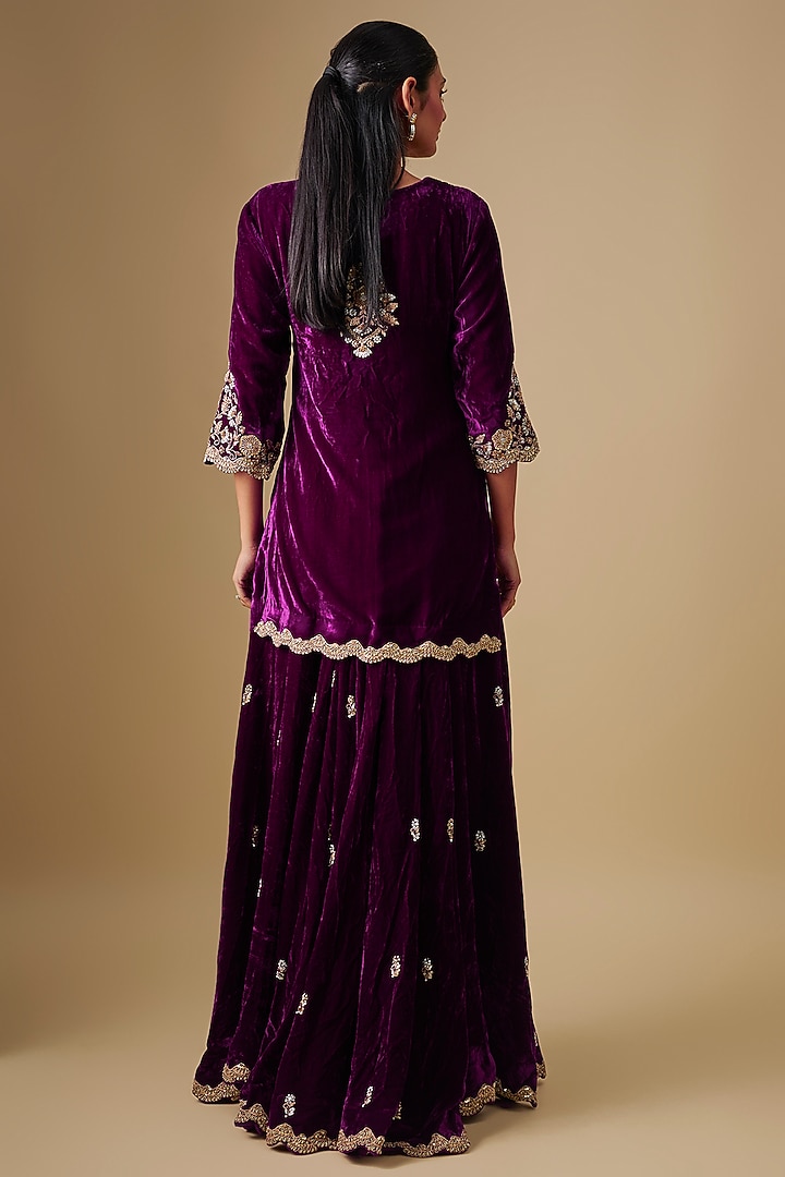 Magenta Velvet Sequin Embroidered Wedding Sharara Set by SURBHI SHAH at Pernia's Pop Up Shop