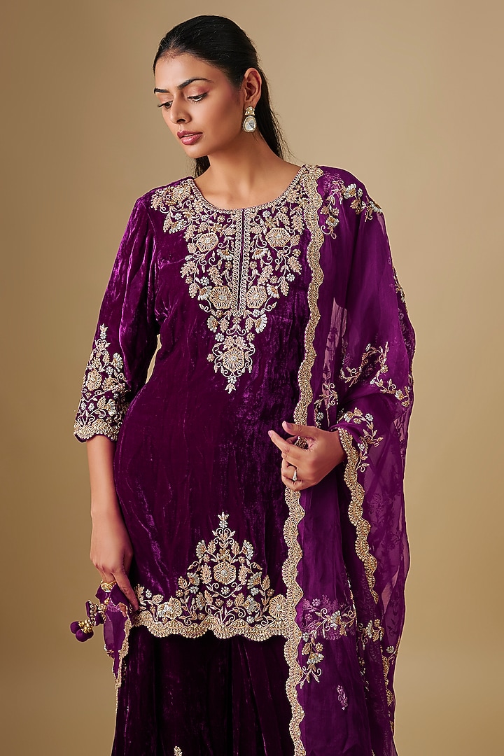 Magenta Velvet Sequin Embroidered Wedding Sharara Set by SURBHI SHAH at Pernia's Pop Up Shop