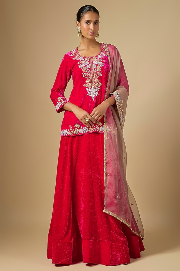 Hot Pink Velvet Skirt Set by SURBHI SHAH at Pernia's Pop Up Shop