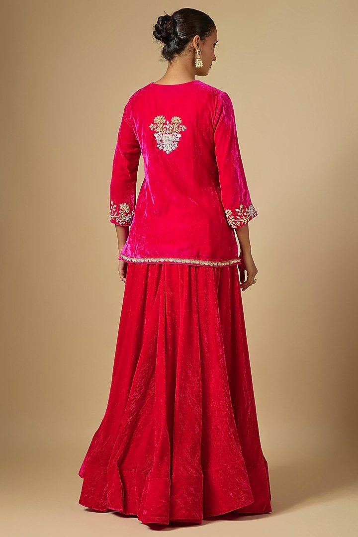 Hot Pink Velvet Skirt Set by SURBHI SHAH at Pernia's Pop Up Shop