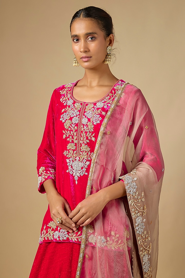 Hot Pink Velvet Skirt Set by SURBHI SHAH at Pernia's Pop Up Shop