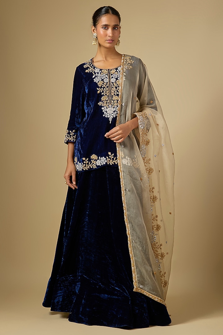 Navy Blue Velvet Skirt Set by SURBHI SHAH at Pernia's Pop Up Shop