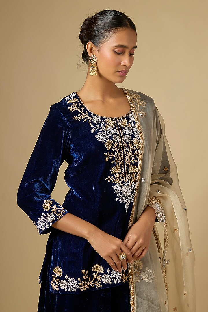 Navy Blue Velvet Skirt Set by SURBHI SHAH at Pernia's Pop Up Shop
