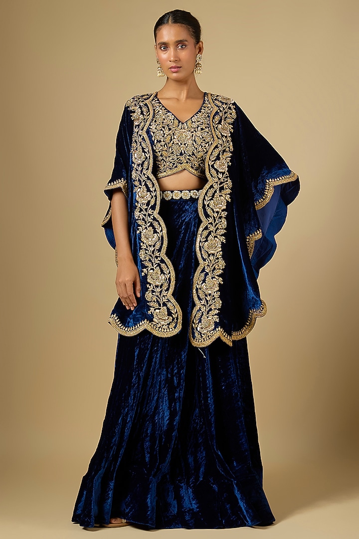 Navy Blue Velvet Zardosi Work Cape Set by SURBHI SHAH at Pernia's Pop Up Shop