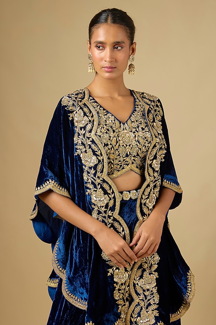 Navy Blue Velvet Zardosi Work Cape Set by SURBHI SHAH at Pernia's Pop Up Shop