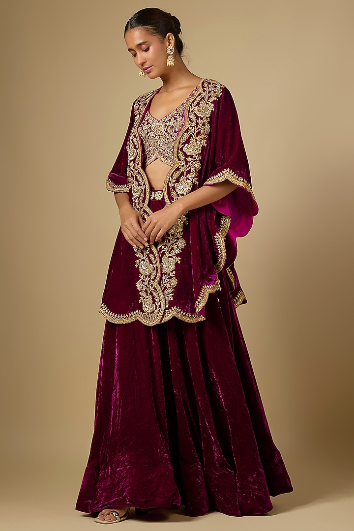 Magenta Velvet Zardosi Work Cape Set by SURBHI SHAH at Pernia's Pop Up Shop