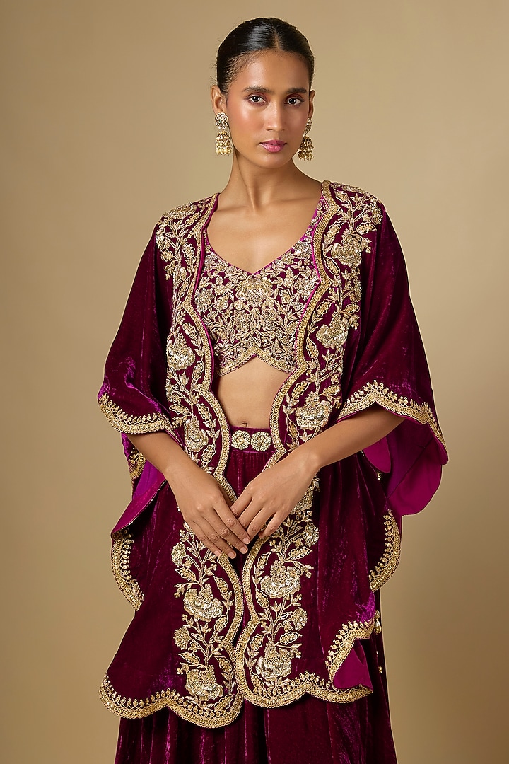 Magenta Velvet Zardosi Work Cape Set by SURBHI SHAH at Pernia's Pop Up Shop