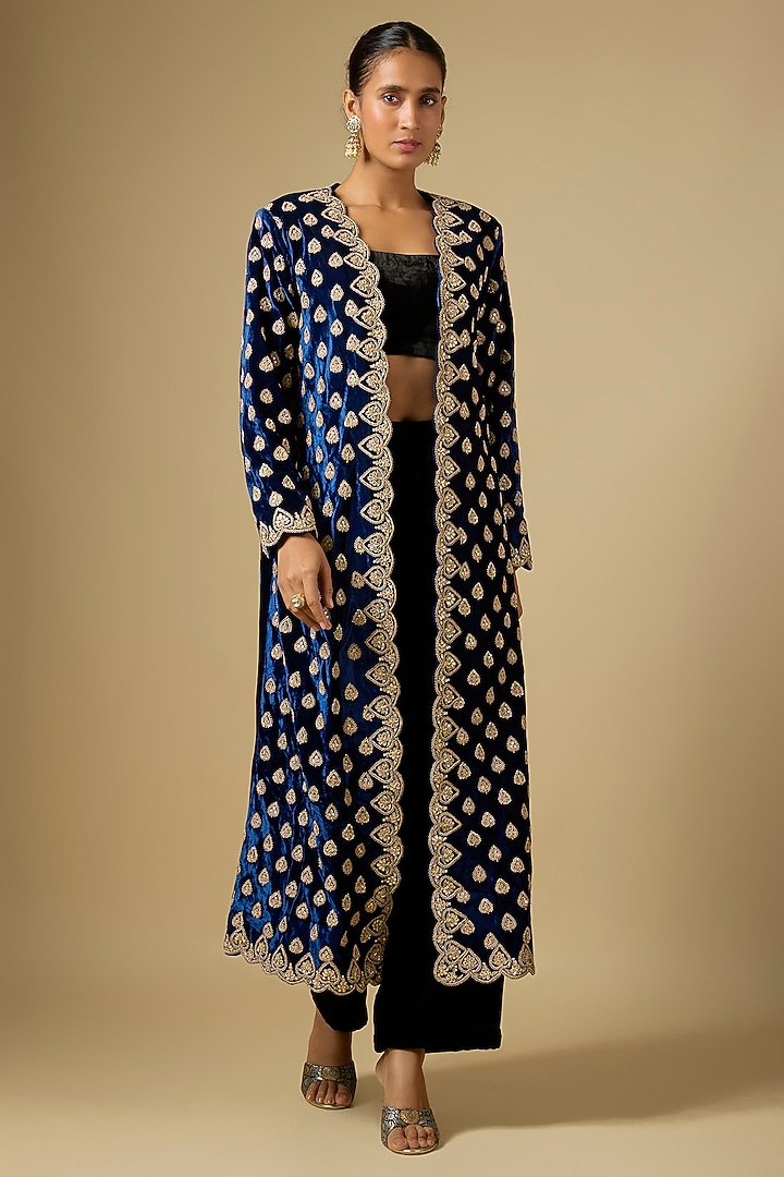 Navy Blue Velvet Marori Work Jacket by SURBHI SHAH at Pernia's Pop Up Shop