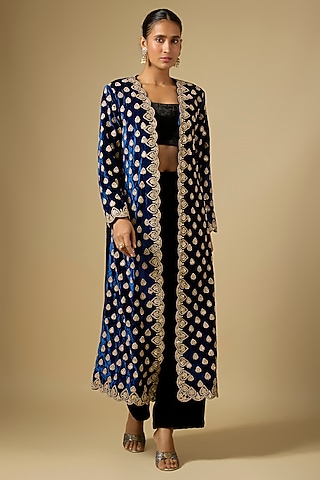Navy Blue Velvet Marori Work Jacket by SURBHI SHAH