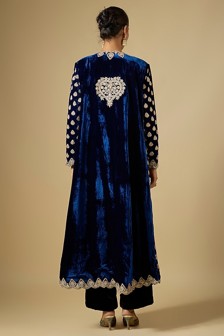 Navy Blue Velvet Marori Work Jacket by SURBHI SHAH at Pernia's Pop Up Shop