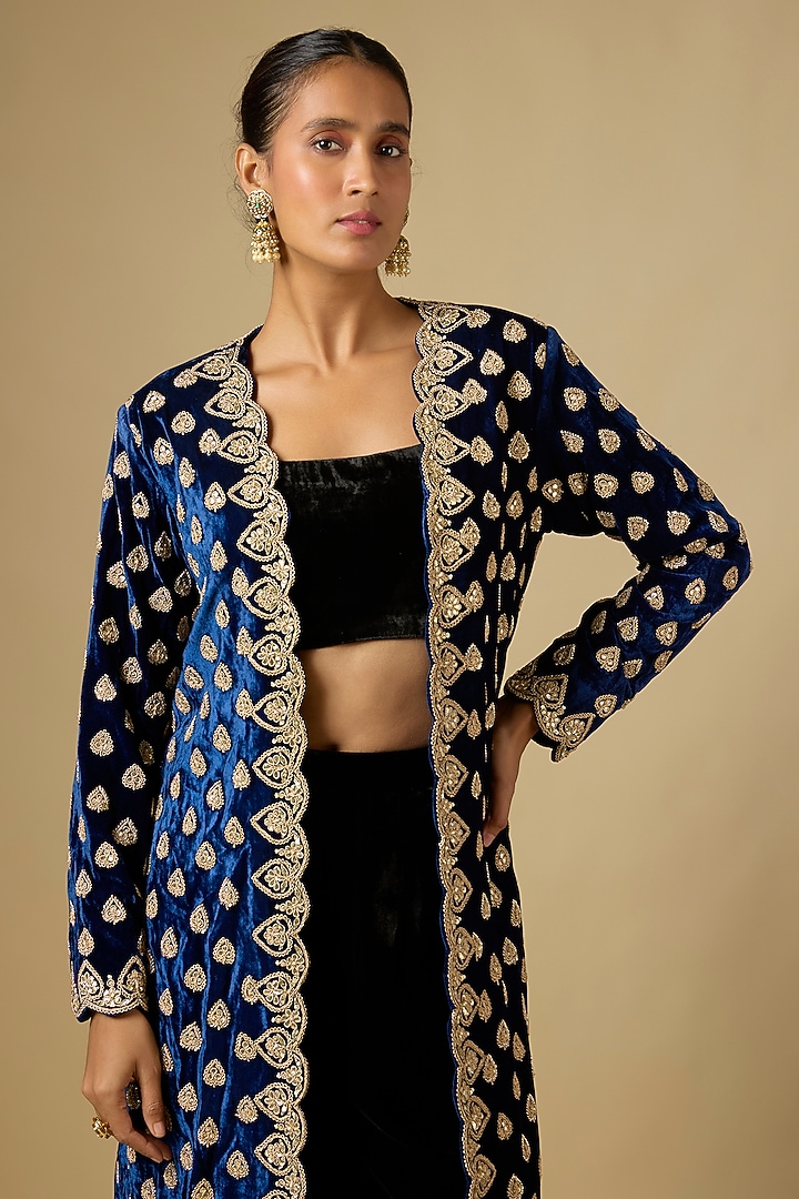 Navy Blue Velvet Marori Work Jacket by SURBHI SHAH at Pernia's Pop Up Shop