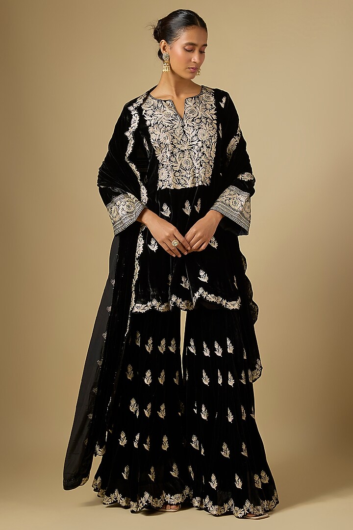 Black Velvet Tilla Embroidered Bridal Sharara Set by SURBHI SHAH at Pernia's Pop Up Shop