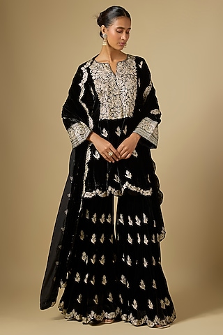 Black Velvet Tilla Embroidered Sharara Set by SURBHI SHAH