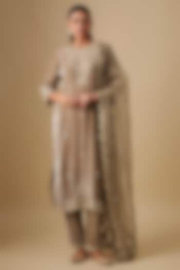 Mocha Brown Velvet Marori & Sequin Embroidered Kurta Set by SURBHI SHAH at Pernia's Pop Up Shop