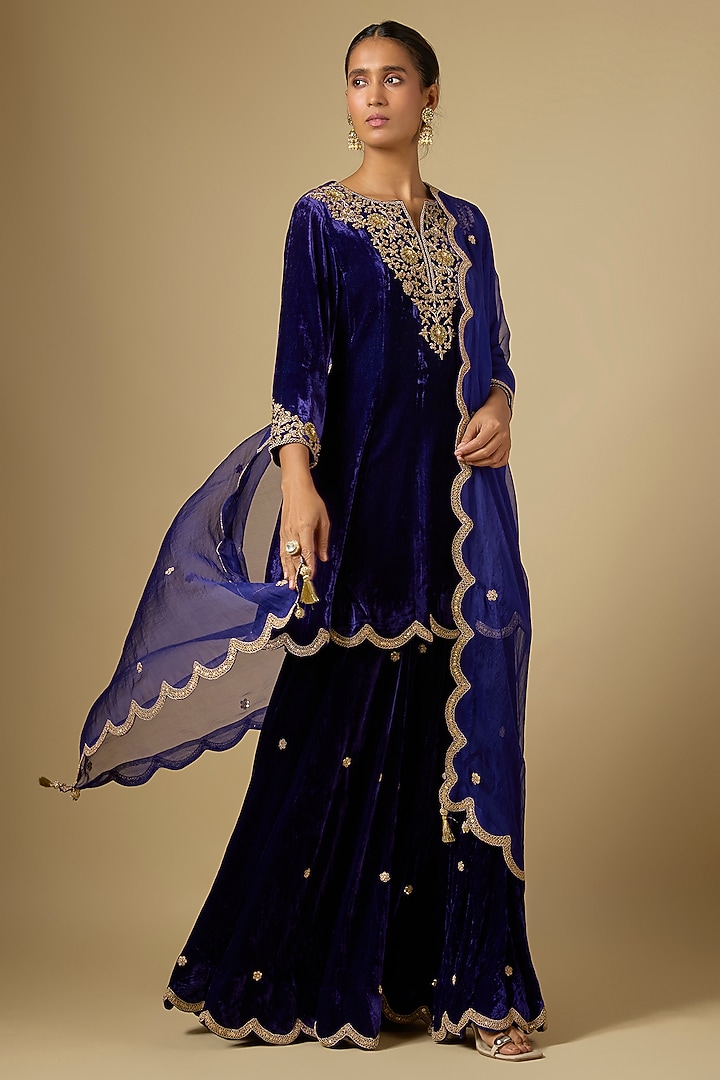 Purple Velvet Zardosi Embroidered Bridal Sharara Set by SURBHI SHAH at Pernia's Pop Up Shop