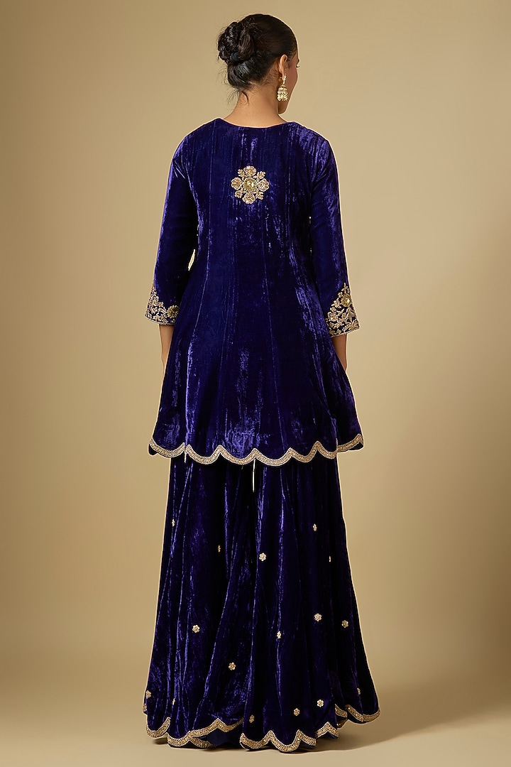Purple Velvet Zardosi Embroidered Bridal Sharara Set by SURBHI SHAH at Pernia's Pop Up Shop