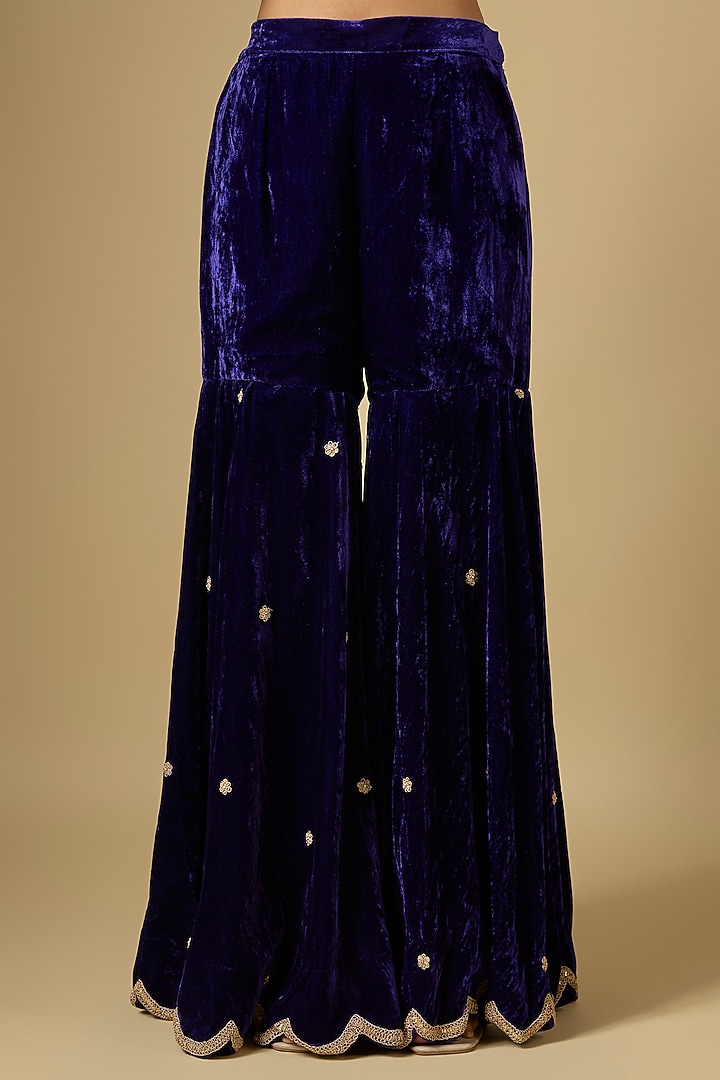 Purple Velvet Zardosi Embroidered Bridal Sharara Set by SURBHI SHAH at Pernia's Pop Up Shop