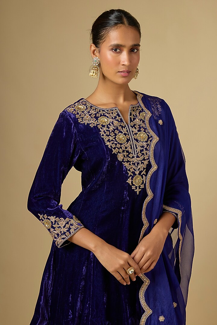 Purple Velvet Zardosi Embroidered Bridal Sharara Set by SURBHI SHAH at Pernia's Pop Up Shop