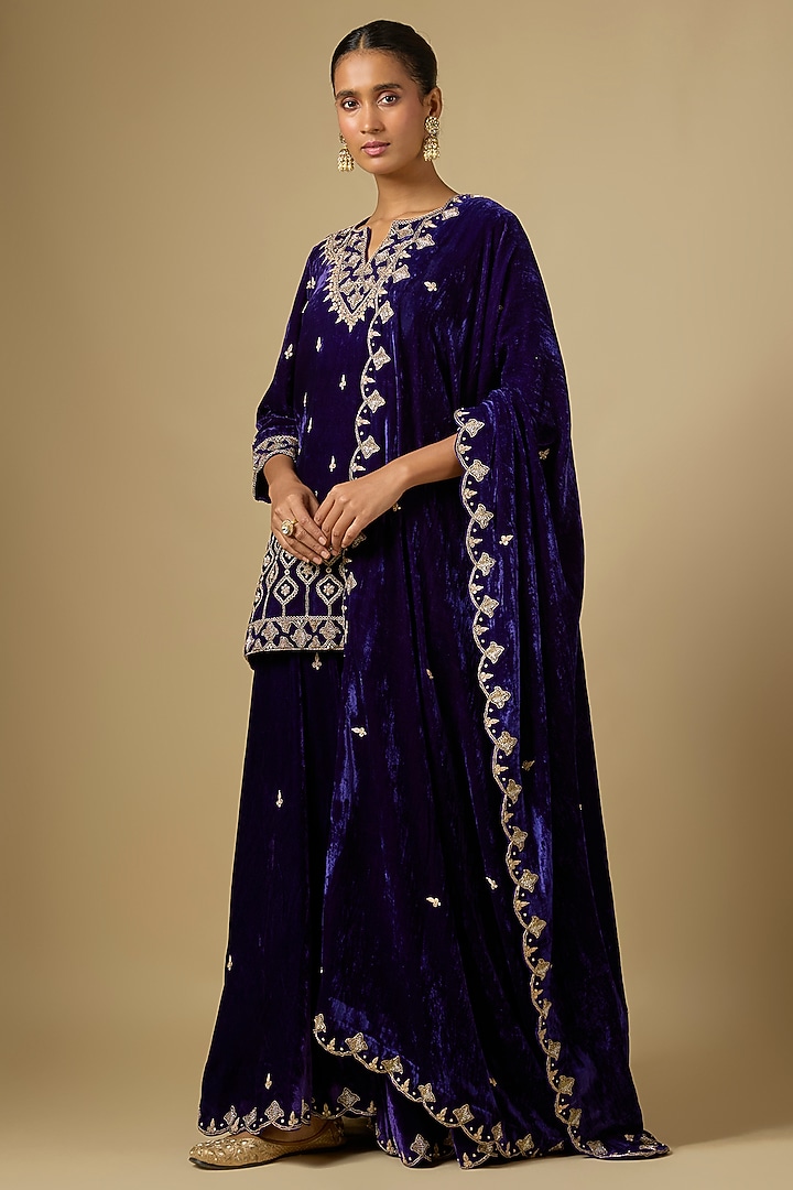 Purple Velvet Marori Work Bridal Sharara Set by SURBHI SHAH at Pernia's Pop Up Shop