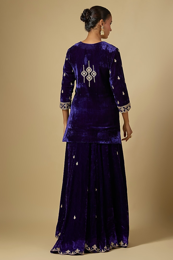 Purple Velvet Marori Work Bridal Sharara Set by SURBHI SHAH at Pernia's Pop Up Shop