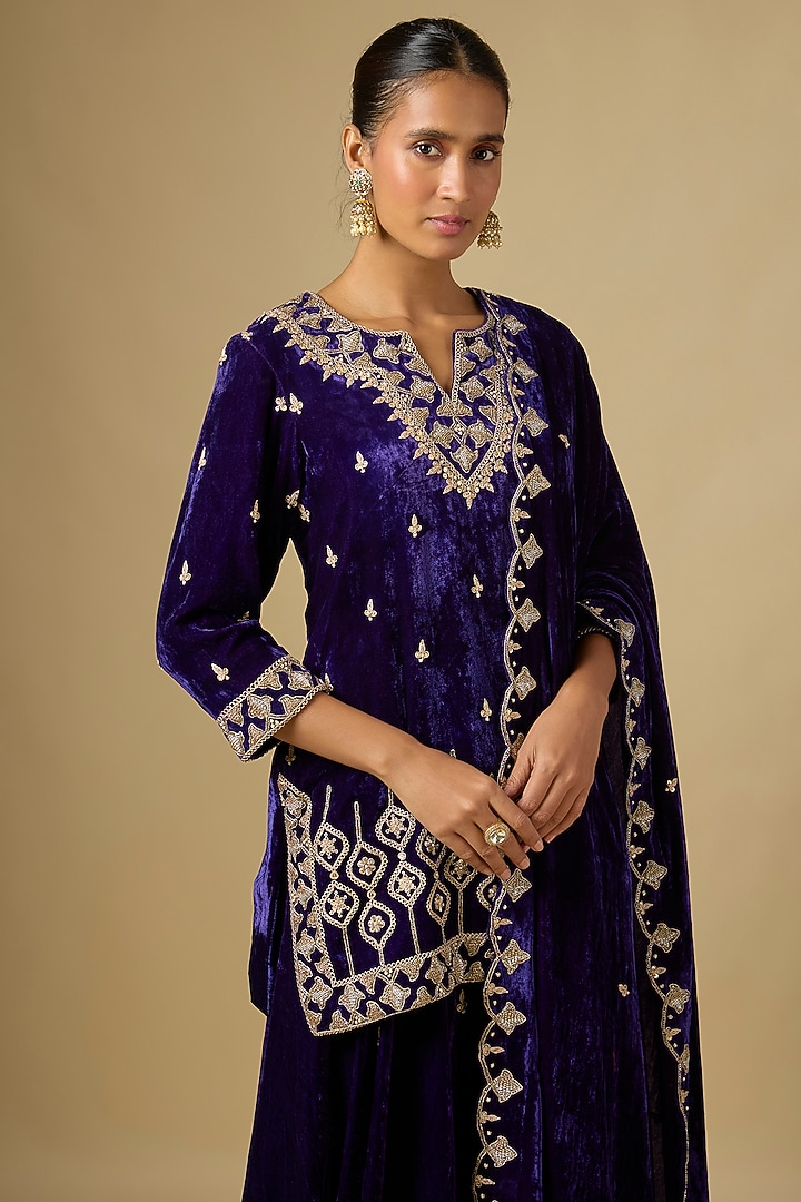Purple Velvet Marori Work Bridal Sharara Set by SURBHI SHAH at Pernia's Pop Up Shop