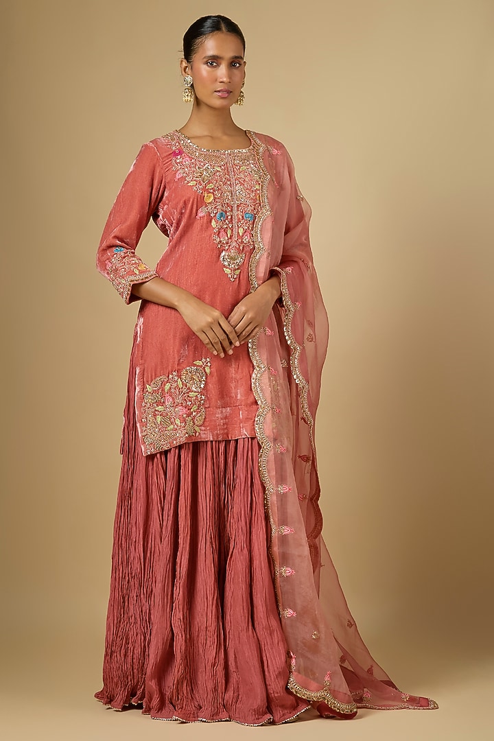 Old Rose Velvet Skirt Set by SURBHI SHAH at Pernia's Pop Up Shop