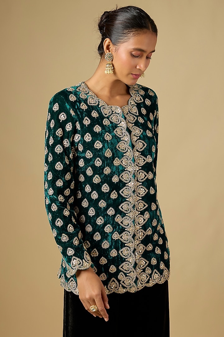 Emerald Green Velvet Marori Work Jacket by SURBHI SHAH at Pernia's Pop Up Shop