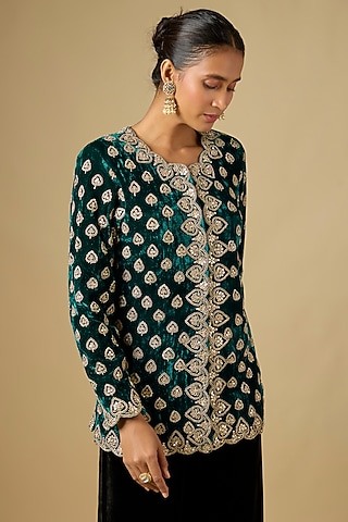Emerald Green Velvet Marori Work Jacket by SURBHI SHAH