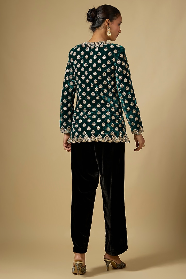 Emerald Green Velvet Marori Work Jacket by SURBHI SHAH at Pernia's Pop Up Shop