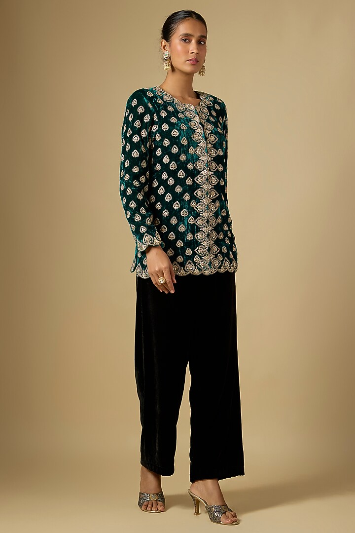 Emerald Green Velvet Marori Work Jacket by SURBHI SHAH at Pernia's Pop Up Shop