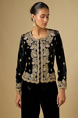 Black Velvet Zardosi Work Jacket by SURBHI SHAH