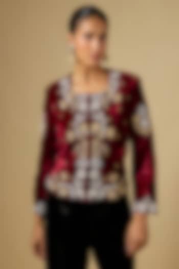 Maroon Velvet Zardosi Work Jacket by SURBHI SHAH at Pernia's Pop Up Shop