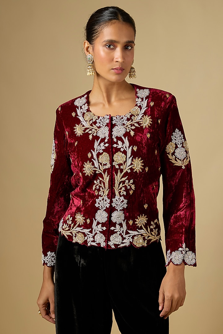 Maroon Velvet Zardosi Work Jacket by SURBHI SHAH at Pernia's Pop Up Shop
