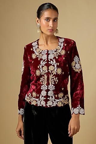 Maroon Velvet Zardosi Work Jacket by SURBHI SHAH