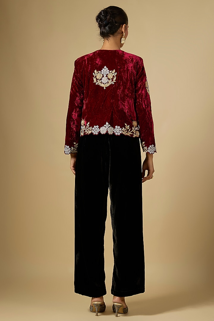 Maroon Velvet Zardosi Work Jacket by SURBHI SHAH at Pernia's Pop
