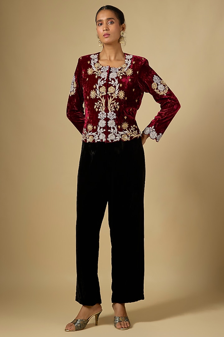 Maroon Velvet Zardosi Work Jacket by SURBHI SHAH at Pernia's Pop Up Shop