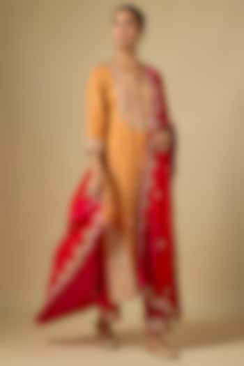 Mango & Rani Pink Velvet Sequins Embroidered Kurta Set by SURBHI SHAH at Pernia's Pop Up Shop