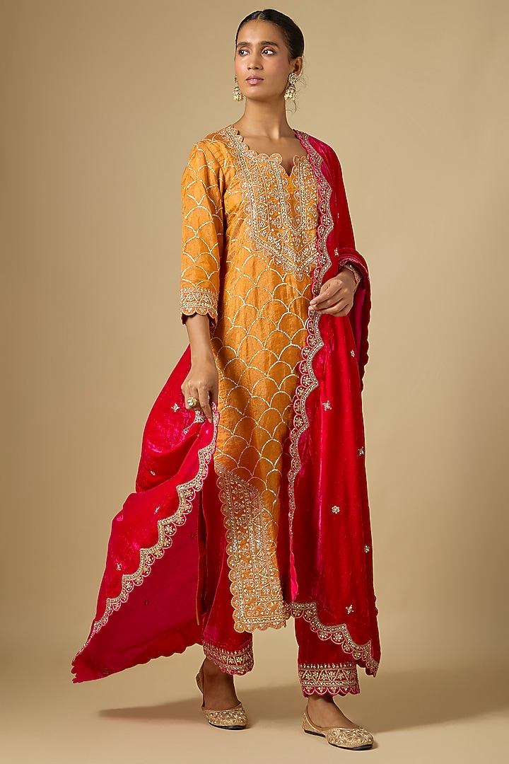 Mango & Rani Pink Velvet Sequins Embroidered Kurta Set by SURBHI SHAH at Pernia's Pop Up Shop