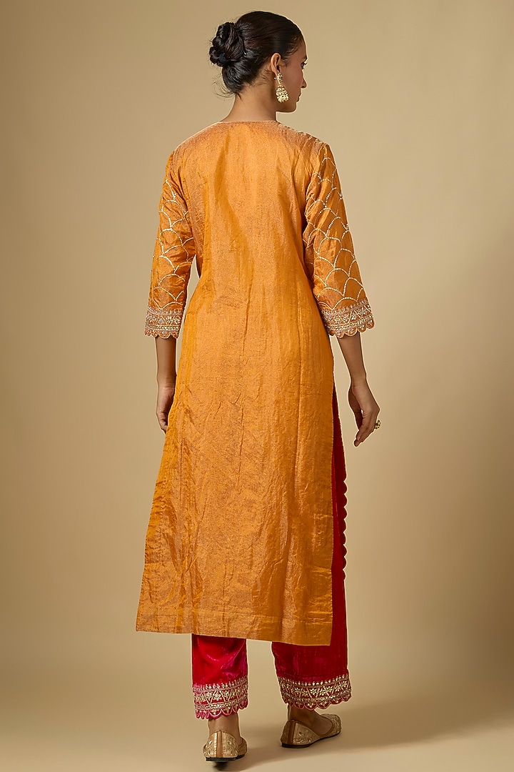 Mango & Rani Pink Velvet Sequins Embroidered Kurta Set by SURBHI SHAH at Pernia's Pop Up Shop