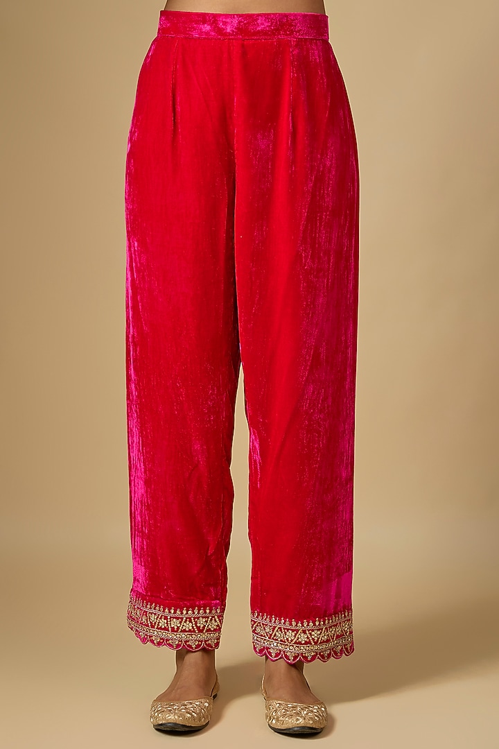 Mango & Rani Pink Velvet Sequins Embroidered Kurta Set by SURBHI SHAH at Pernia's Pop Up Shop