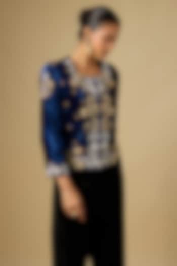 Navy Blue Velvet Zardosi Work Jacket by SURBHI SHAH at Pernia's Pop Up Shop