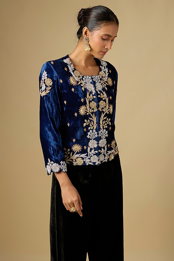 Navy Blue Velvet Zardosi Work Jacket by SURBHI SHAH at Pernia's Pop Up Shop