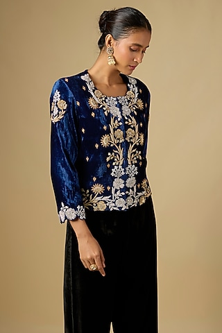 Navy Blue Velvet Zardosi Work Jacket by SURBHI SHAH